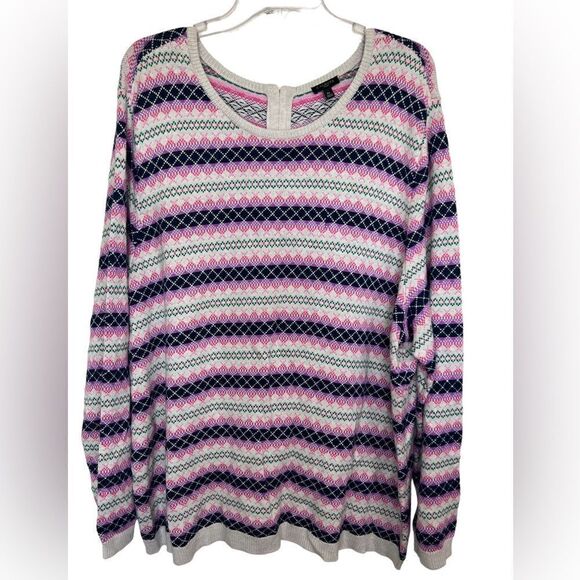 Talbots Ivory/Pink Multi Long Sleeve Argyle/Fair Isle Full Back Zip Sweater 3X - Picture 1 of 9